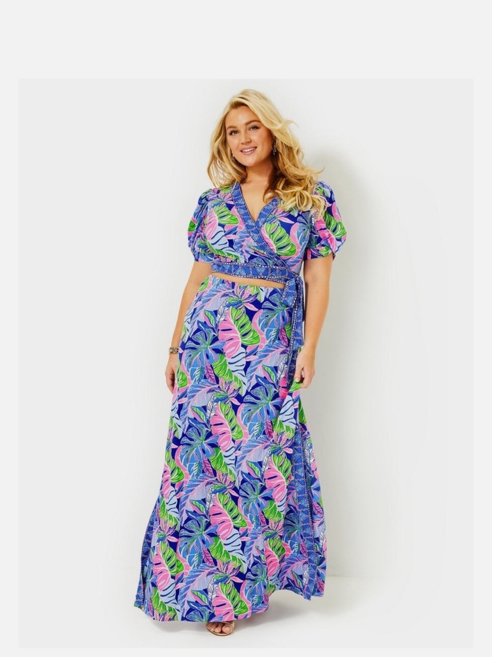 Lilly Pulitzer Tropical Print Two-Piece Maxi Set in Blue and Pink